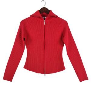 VTG Marker Womens Wool Full Zip Sweater S Red Ribbed Mock Neck Ski YKK Zipper